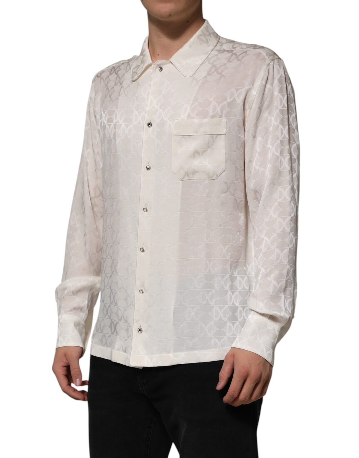 Dolce & Gabbana Men's Long-Sleeve Silk Dress Shirt - White Print