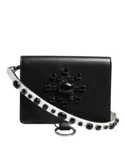 Dolce & Gabbana Brass Crystal Calf Leather Cardholder Wallet - Black Silver