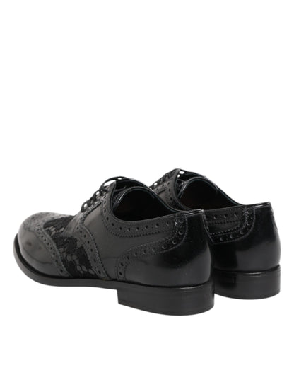 Dolce & Gabbana Unisex Calf & Lamb Leather Cotton Nylon Viscose Derby Lace-Up Shoes - Black Floral Signature