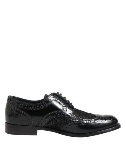 Dolce & Gabbana Unisex Calf & Lamb Leather Cotton Nylon Viscose Derby Lace-Up Shoes - Black Floral Signature