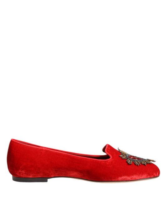 Dolce & Gabbana Red Velvet DG Heart Loafers Flat Shoes