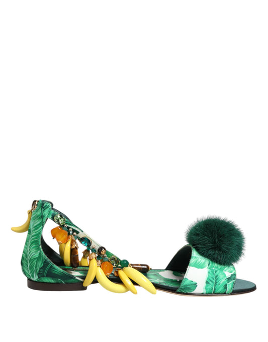 Dolce & Gabbana Women's Leather Silk Satin Mink Fur & Crystal Ankle Strap Sandals - Green Signature Print