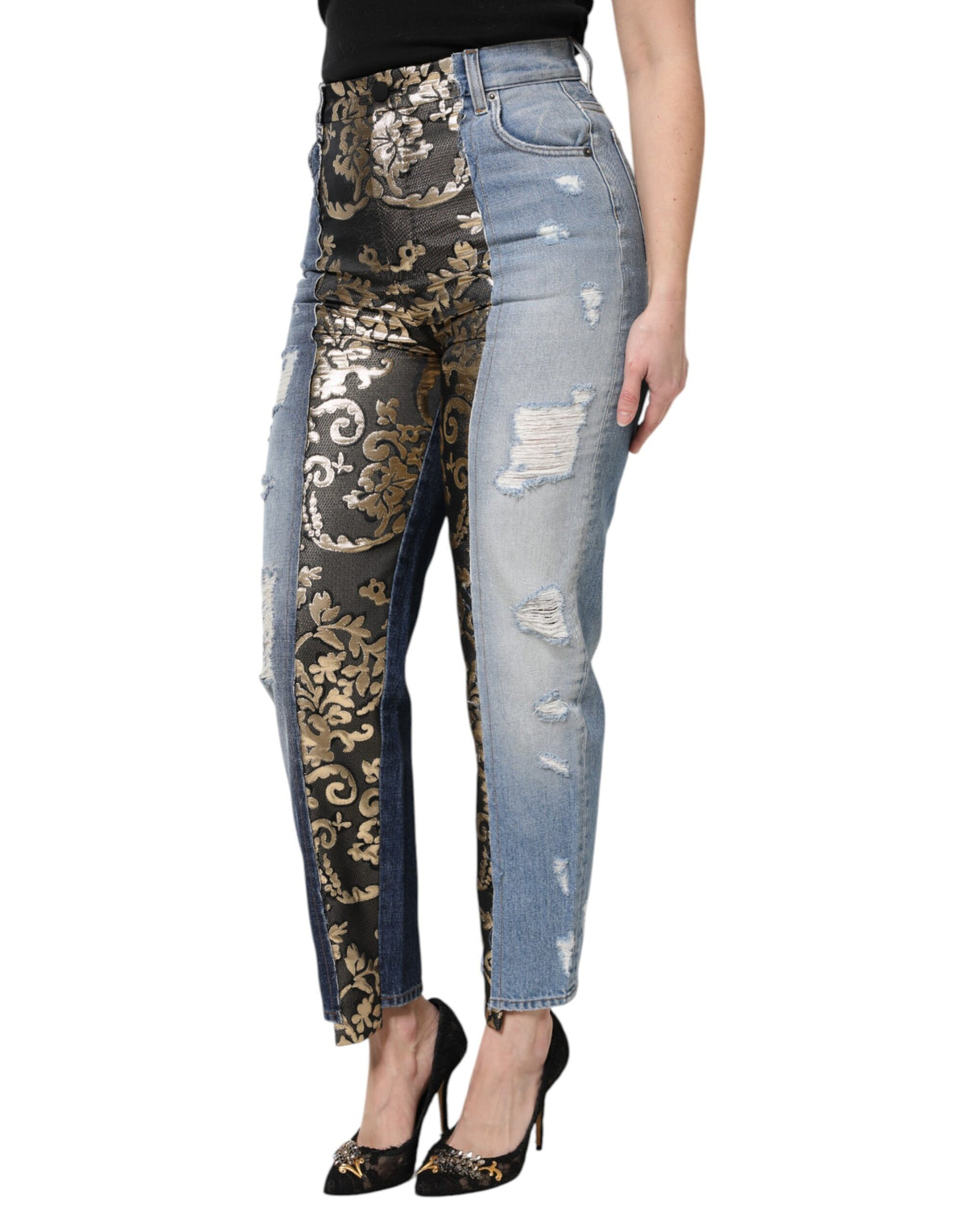 Dolce & Gabbana Women's Tapered Leg High Rise Cotton Denim Nylon Polyester & Silk Jeans - Multicolor Patchwork
