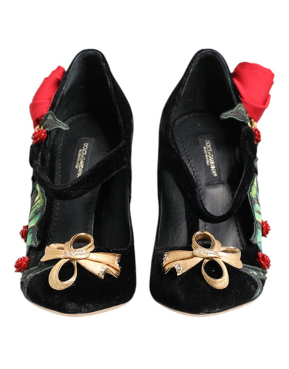 Dolce & Gabbana Women's Crystal Leather Rayon & Silk Mary-Jane Pumps Heels - Black Floral
