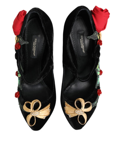 Dolce & Gabbana Women's Crystal Leather Rayon & Silk Mary-Jane Pumps Heels - Black Floral