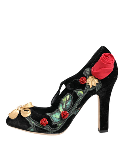 Dolce & Gabbana Women's Crystal Leather Rayon & Silk Mary-Jane Pumps Heels - Black Floral