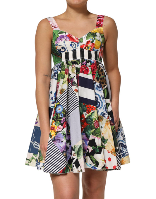 Dolce & Gabbana Women's A Line Stretch Cotton & Nylon Mini Dress - Multicolor Patchwork