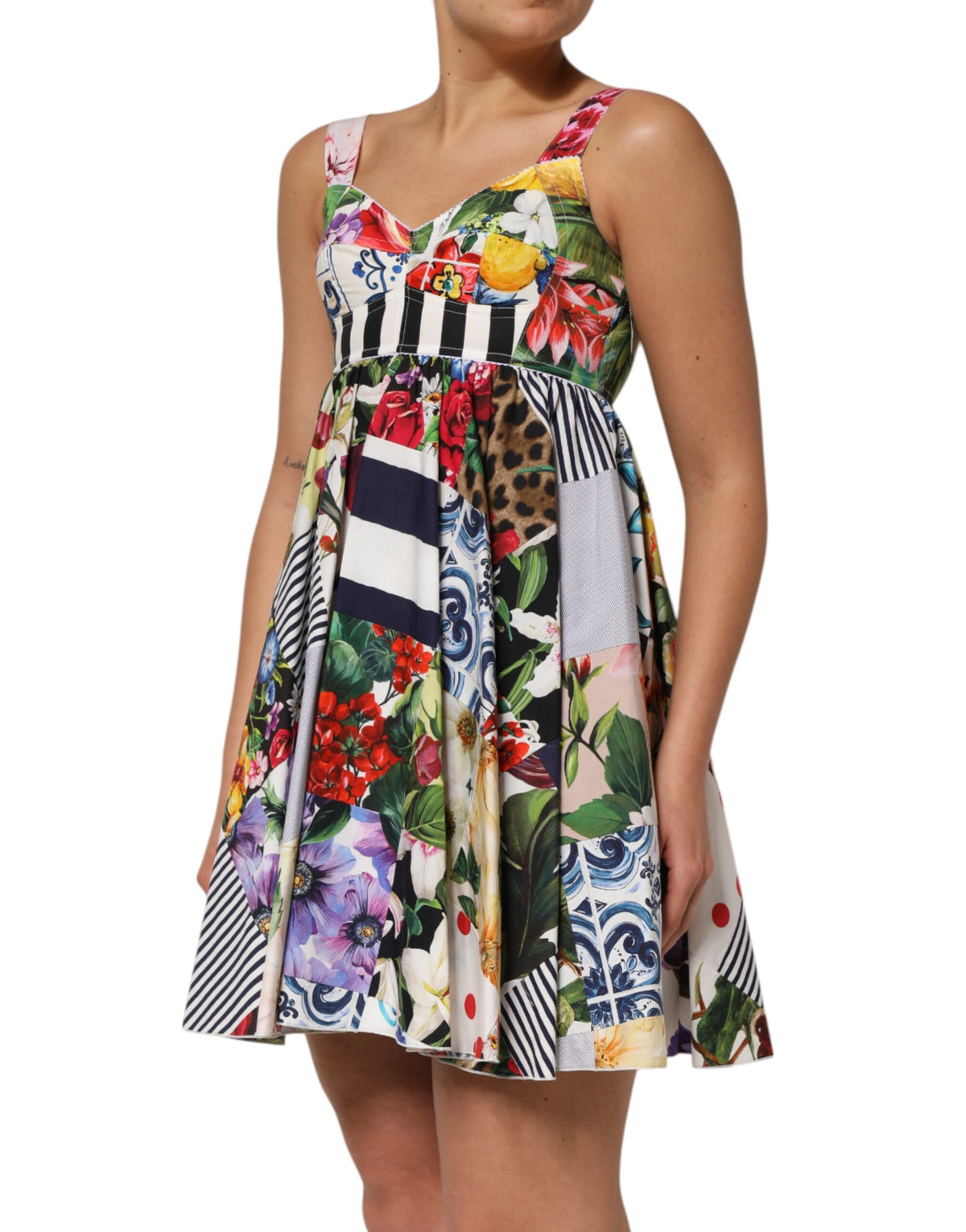 Dolce & Gabbana Women's A Line Stretch Cotton & Nylon Mini Dress - Multicolor Patchwork