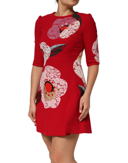 Dolce & Gabbana Women's A Line Cotton Nylon Silk & Wool Mini Dress - Red Floral