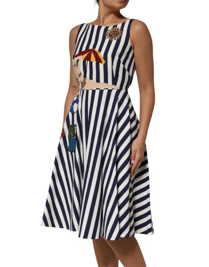 Dolce & Gabbana 9 To 5 Women's A Line Silk & Cotton Knee Dress - Blue White Striped
