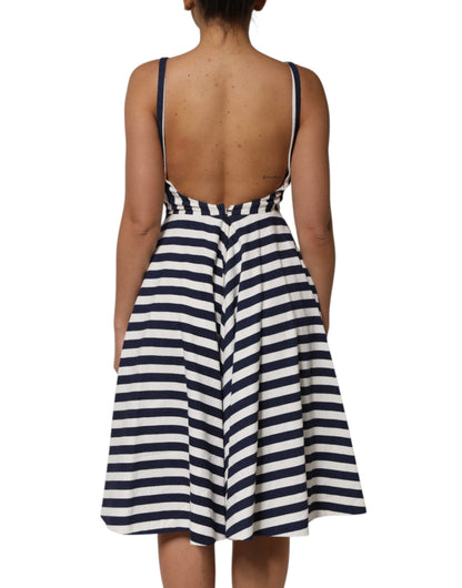 Dolce & Gabbana 9 To 5 Women's A Line Silk & Cotton Knee Dress - Blue White Striped