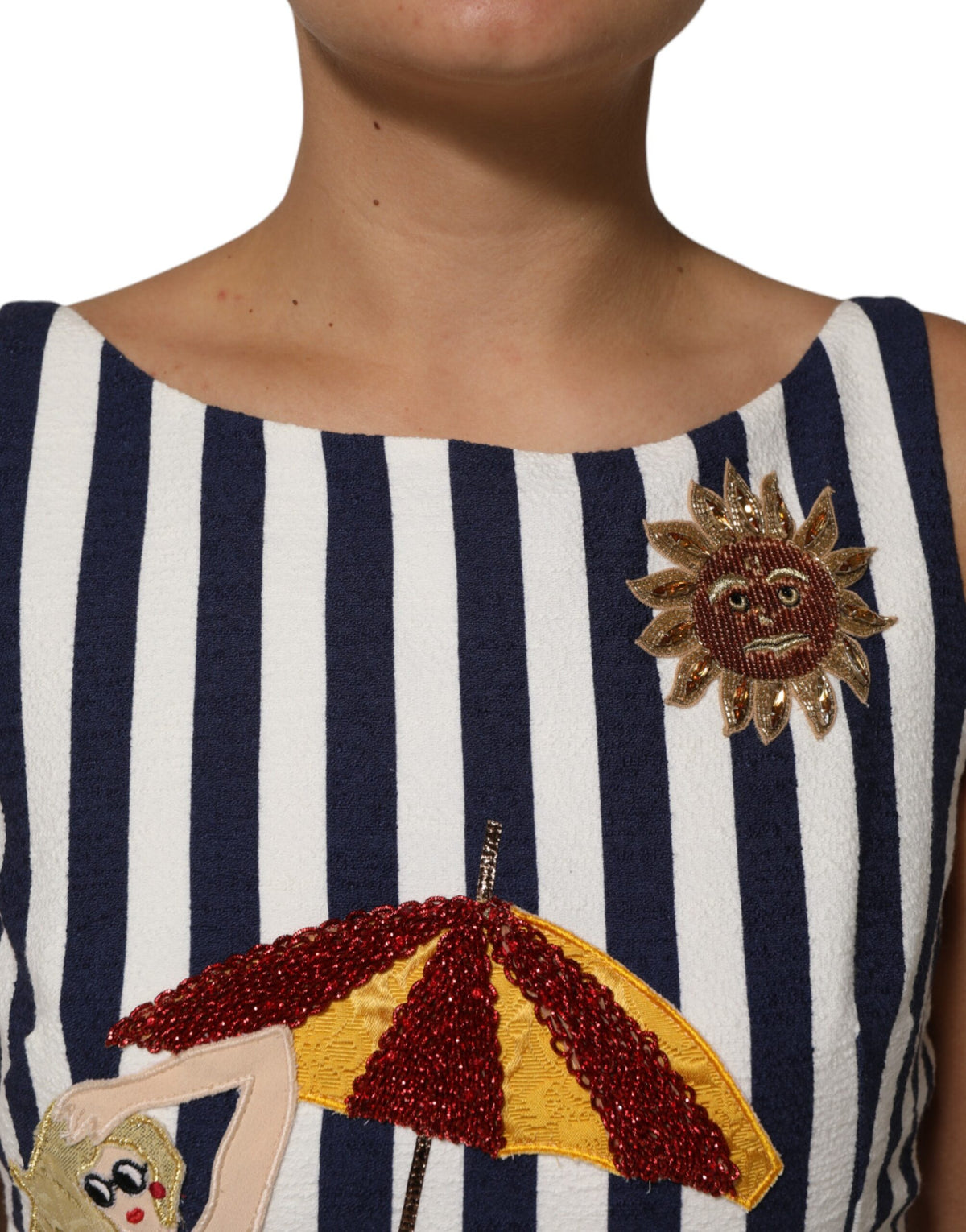 Dolce & Gabbana 9 To 5 Women's A Line Silk & Cotton Knee Dress - Blue White Striped