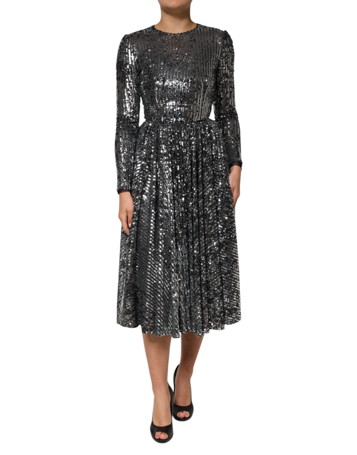 Dolce & Gabbana Women's A Line Long-Sleeve Round Neck Cotton Polyester & Silk Midi Dress - Black