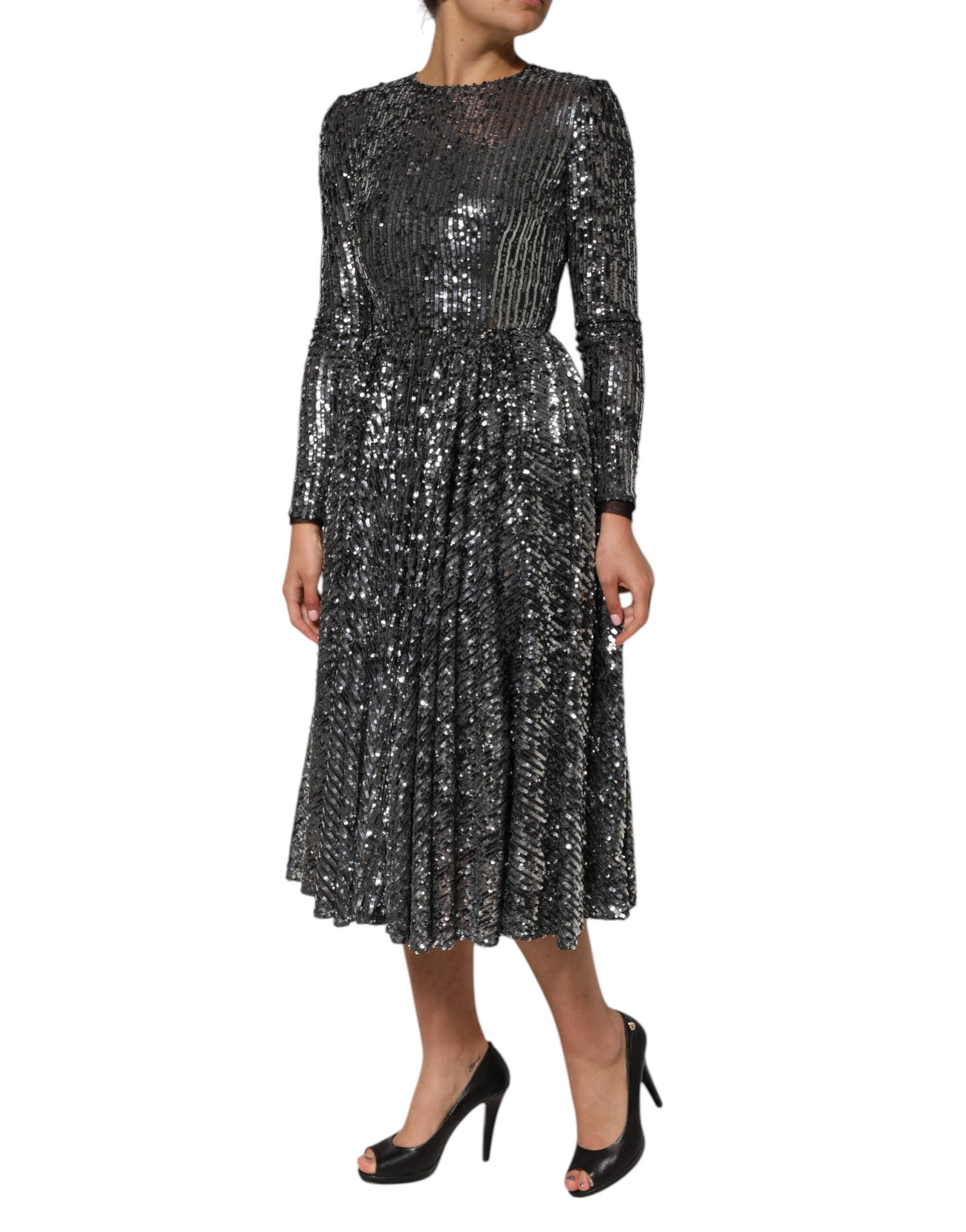 Dolce & Gabbana Women's A Line Long-Sleeve Round Neck Cotton Polyester & Silk Midi Dress - Black