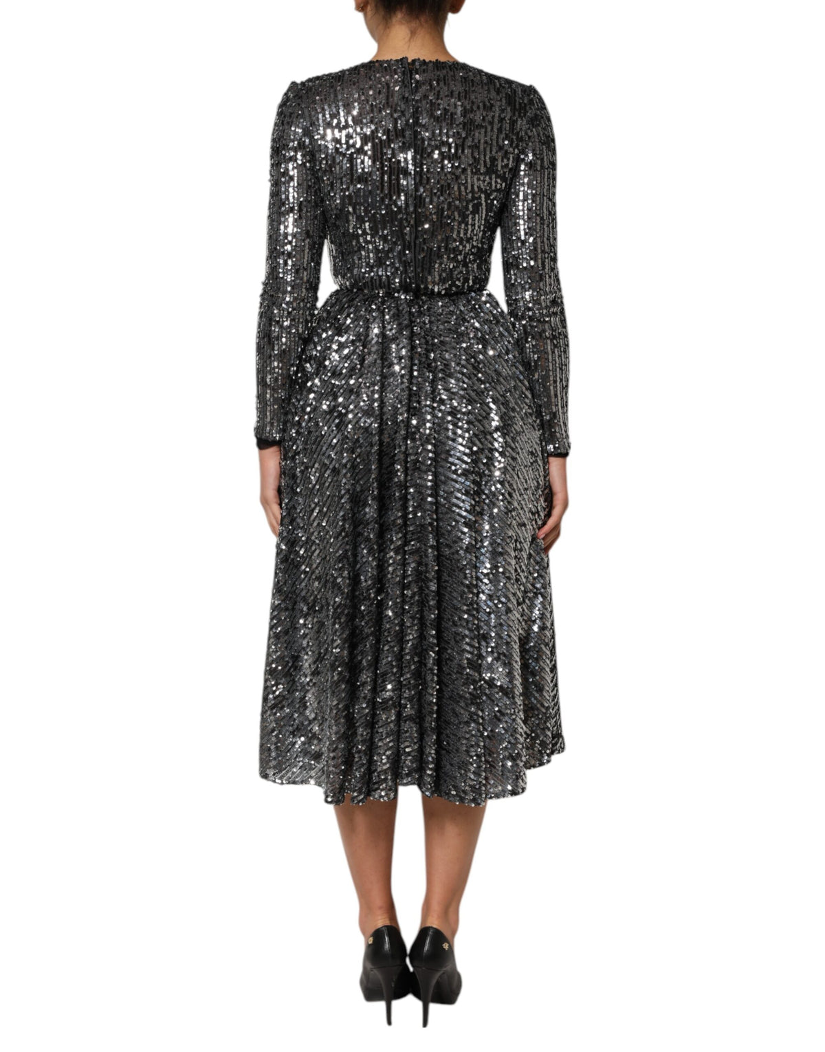 Dolce & Gabbana Women's A Line Long-Sleeve Round Neck Cotton Polyester & Silk Midi Dress - Black