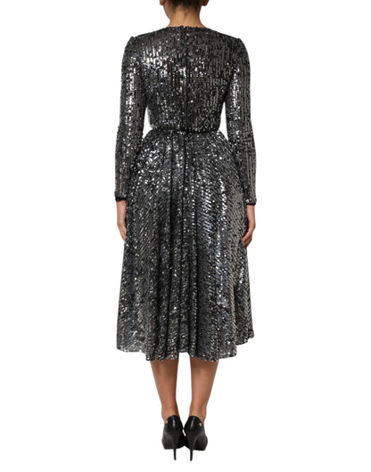 Dolce & Gabbana Women's A Line Long-Sleeve Round Neck Cotton Polyester & Silk Midi Dress - Black