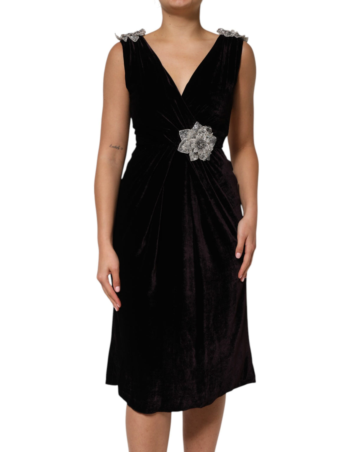 Dolce & Gabbana Women's A Line V Neck Cotton Velvet Silk & Nylon Dress - Black Floral