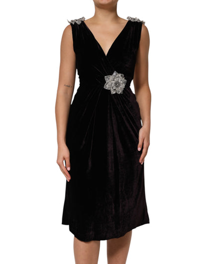 Dolce & Gabbana Women's A Line V Neck Cotton Velvet Silk & Nylon Dress - Black Floral