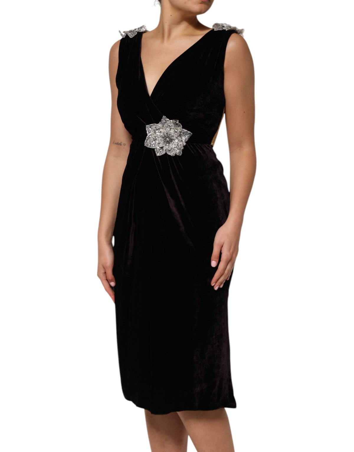Dolce & Gabbana Women's A Line V Neck Cotton Velvet Silk & Nylon Dress - Black Floral
