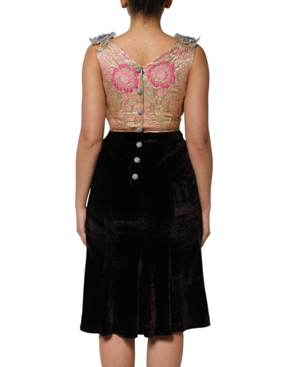 Dolce & Gabbana Women's A Line V Neck Cotton Velvet Silk & Nylon Dress - Black Floral