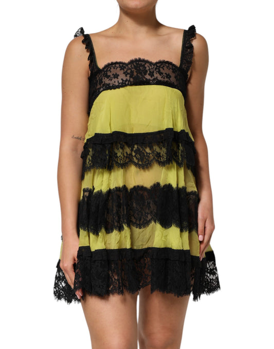 Dolce & Gabbana Women's Babydoll Sleeveless Cotton Silk Lace & Nylon Short Dress - Black Yellow Patterned Floral
