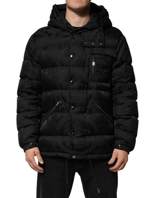 Dolce & Gabbana Black Jacquard Quilted Puffer Hooded Jacket