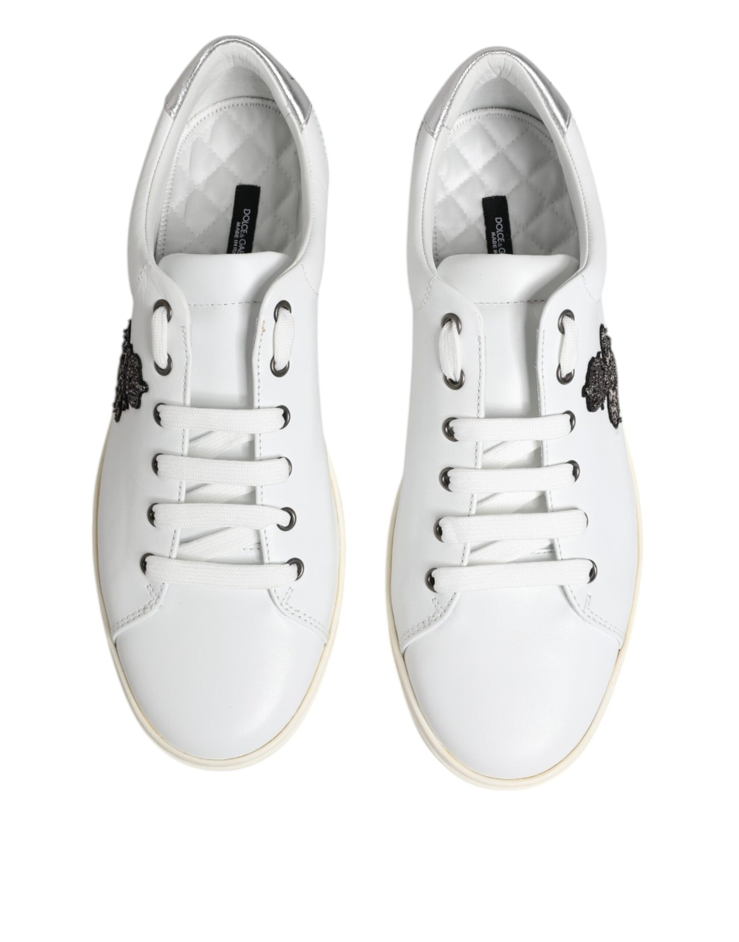 Dolce & Gabbana White Crown Bee Leather Low Top Sneakers Shoes