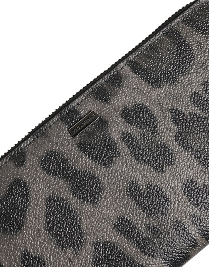 Dolce & Gabbana Black Gray Leopard Leather Zip Around Continental Wallet