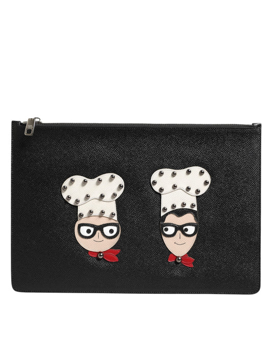 Pouch Clutch Handbag by Dolce & Gabbana for men in pebbled leather black, multicolor & signature showcases a sculptural silhouette, featuring a secure zipper, ample , and versatile for a sculptural aesthetic.