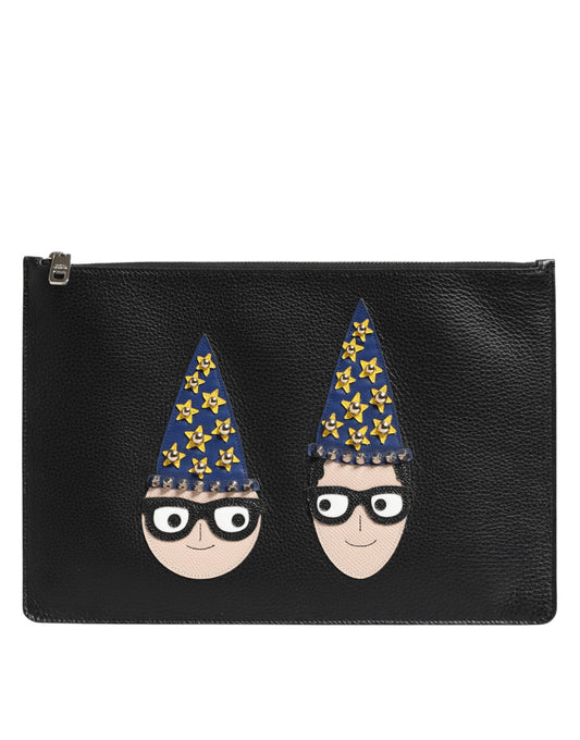 Pouch Clutch Handbag by Dolce & Gabbana for men in pebbled leather black, multicolor & signature showcases a sculptural silhouette, featuring a secure zipper, ample , and versatile for a sculptural aesthetic.
