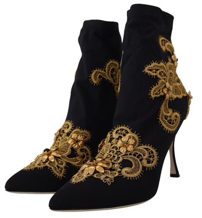 Dolce & Gabbana Women's Nylon Polyester Viscose & Crystal Ankle Boots - Black Gold