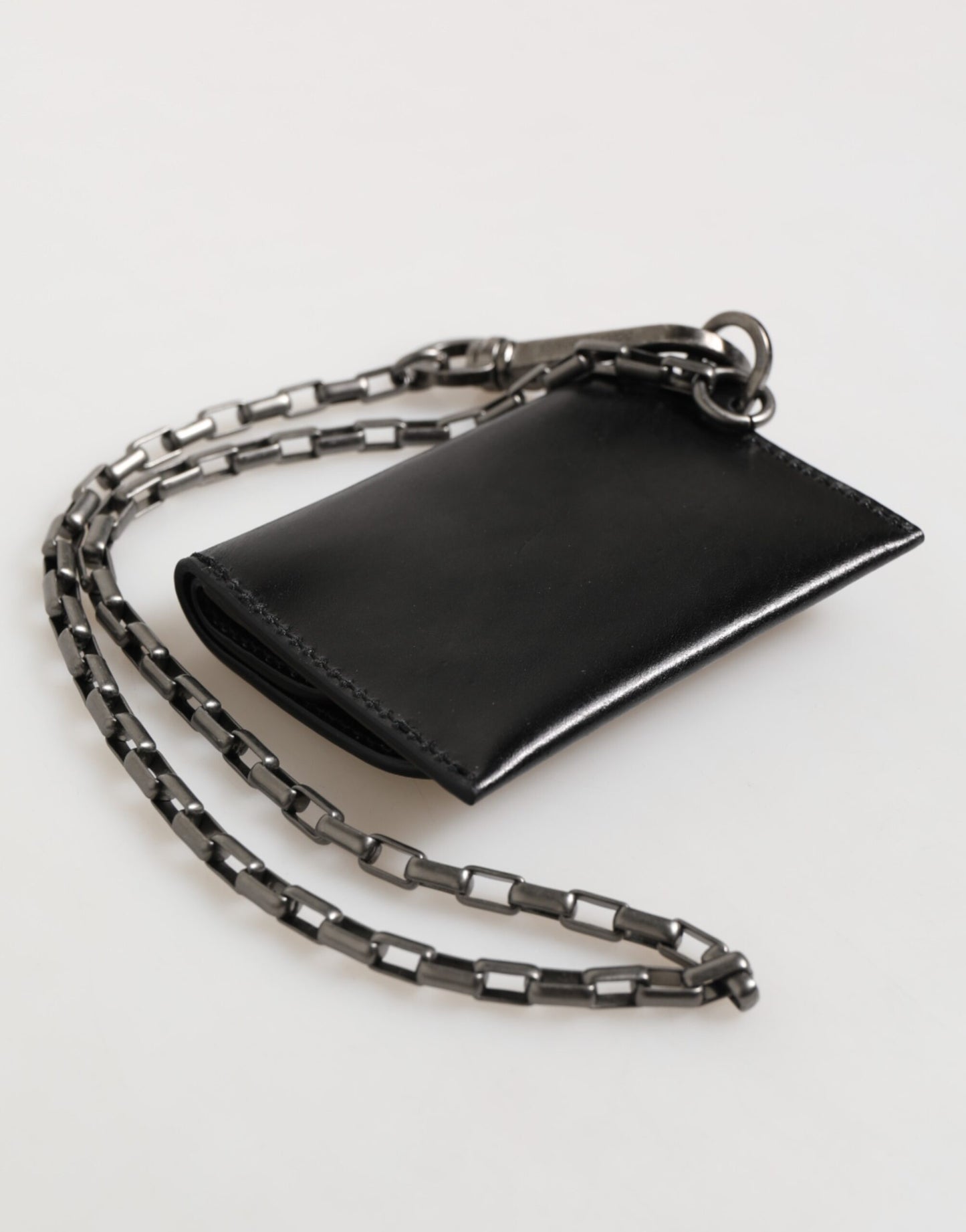 Dolce & Gabbana Black Cavallo Leather Wallet Chain Snap Bifold Card Holder