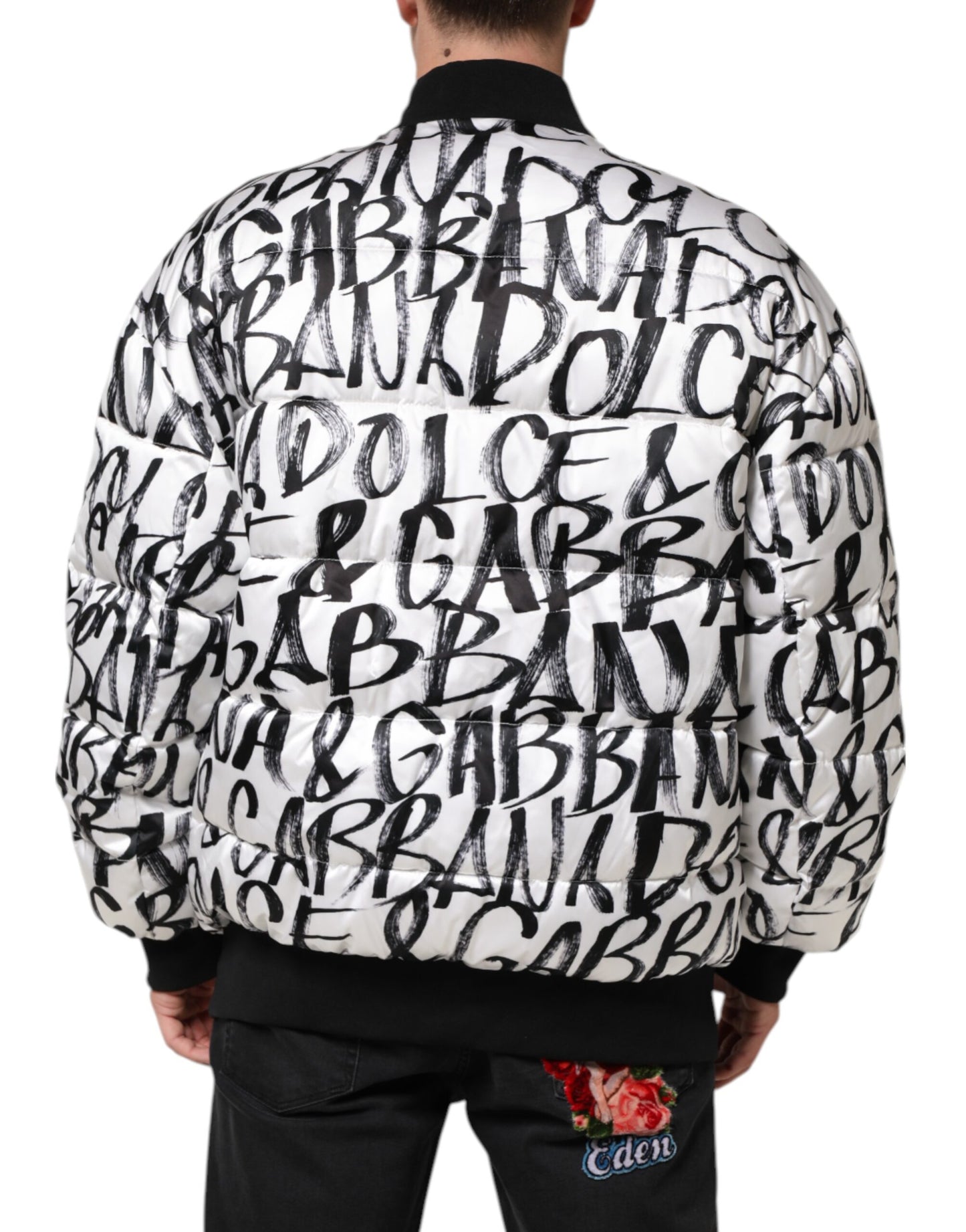 Dolce & Gabbana White Black Graffiti Logo Puffer Bomber Jacket