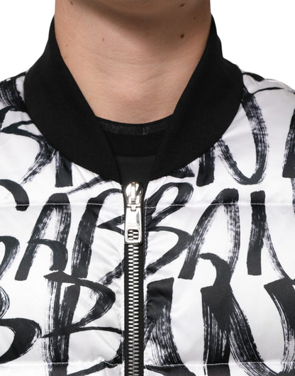 Dolce & Gabbana White Black Graffiti Logo Puffer Bomber Jacket