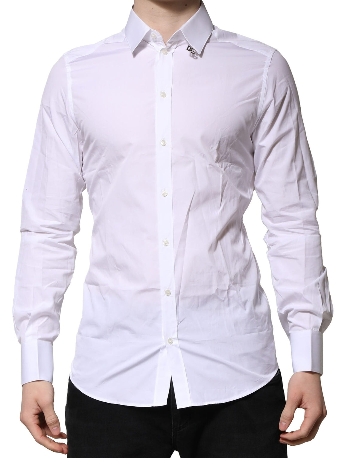 Dolce & Gabbana Crisp Men's Slim Long-Sleeve Cotton Dress Shirt - Gold White
