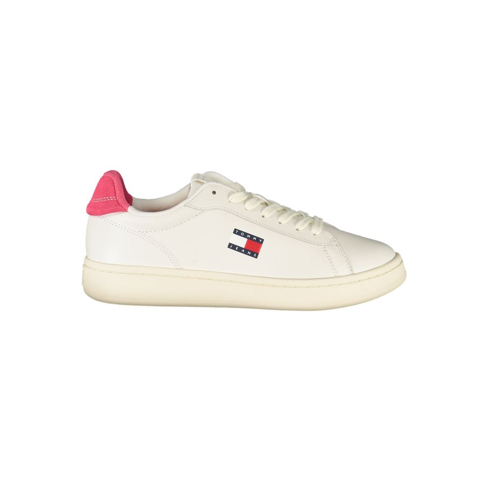 Athletic Sneakers by Tommy Hilfiger for women in polyester polyethylene leather fuchsia, white & signature presents a sleek silhouette, perfectly capturing the athletic style essence of Women's Athletic Polyester Polyethylene Leather Sneakers with its sleek design and premium finish.