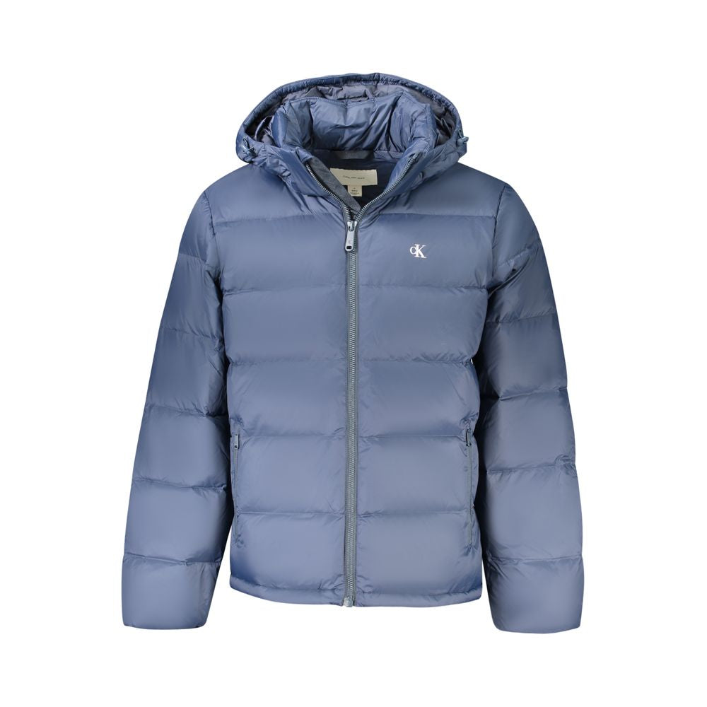 Hooded Puffer Jacket by Calvin Klein for men in polyamide & duck down blue features an on trend silhouette, showcasing refined lightweight, pockets, hooded & insulated and a sophisticated hooded neckline for a truly on trend finish.