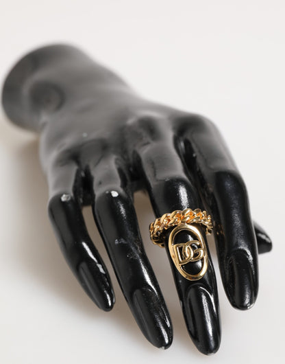 Dolce & Gabbana Gold Tone Brass Oval DG Logo Chain Adjustable Ring