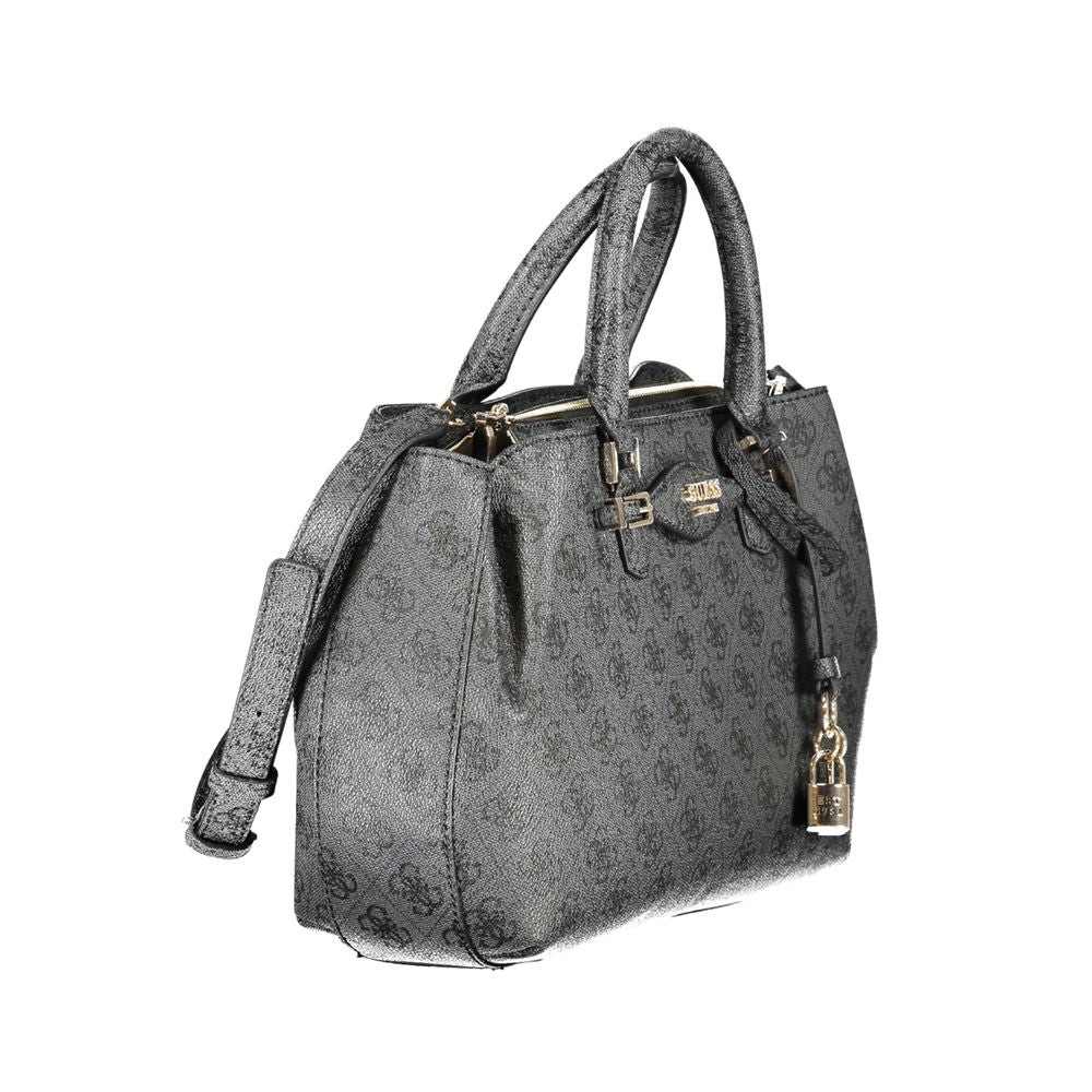 Girlfriend Satchel Handbag by Guess Jeans for women in polyethylene & polyurethane black, dark-gray & patterned features a ornamental silhouette, showcasing a secure zipper & magnetic, ample , and ornamental shoulder-strap, handle & adjustable-strap for a sophisticated look.