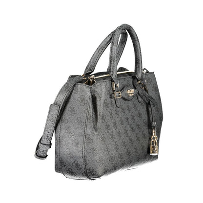 Girlfriend Satchel Handbag by Guess Jeans for women in polyethylene & polyurethane black, dark-gray & patterned features a ornamental silhouette, showcasing a secure zipper & magnetic, ample , and ornamental shoulder-strap, handle & adjustable-strap for a sophisticated look.