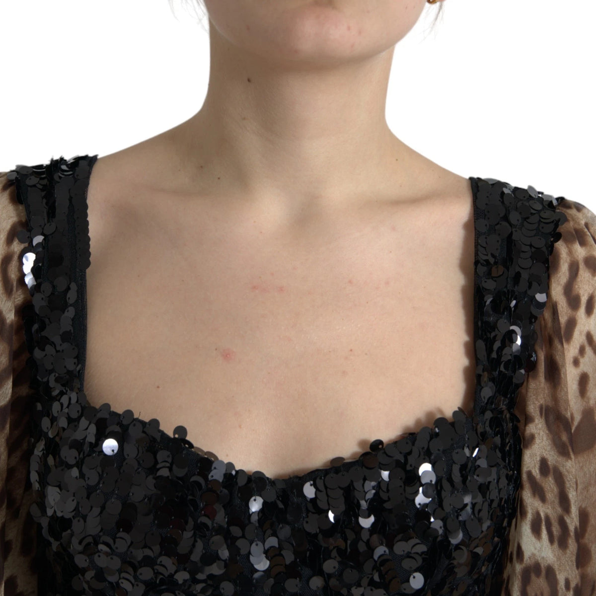 Dolce & Gabbana Women's Gown Cocktail Short-Sleeve Cotton Nylon Silk & Sequins Maxi Long Dress - Black Brown Leopard Print Patterned Print