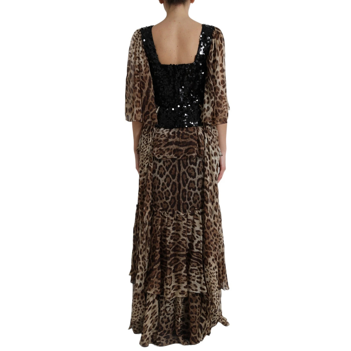 Dolce & Gabbana Women's Gown Cocktail Short-Sleeve Cotton Nylon Silk & Sequins Maxi Long Dress - Black Brown Leopard Print Patterned Print