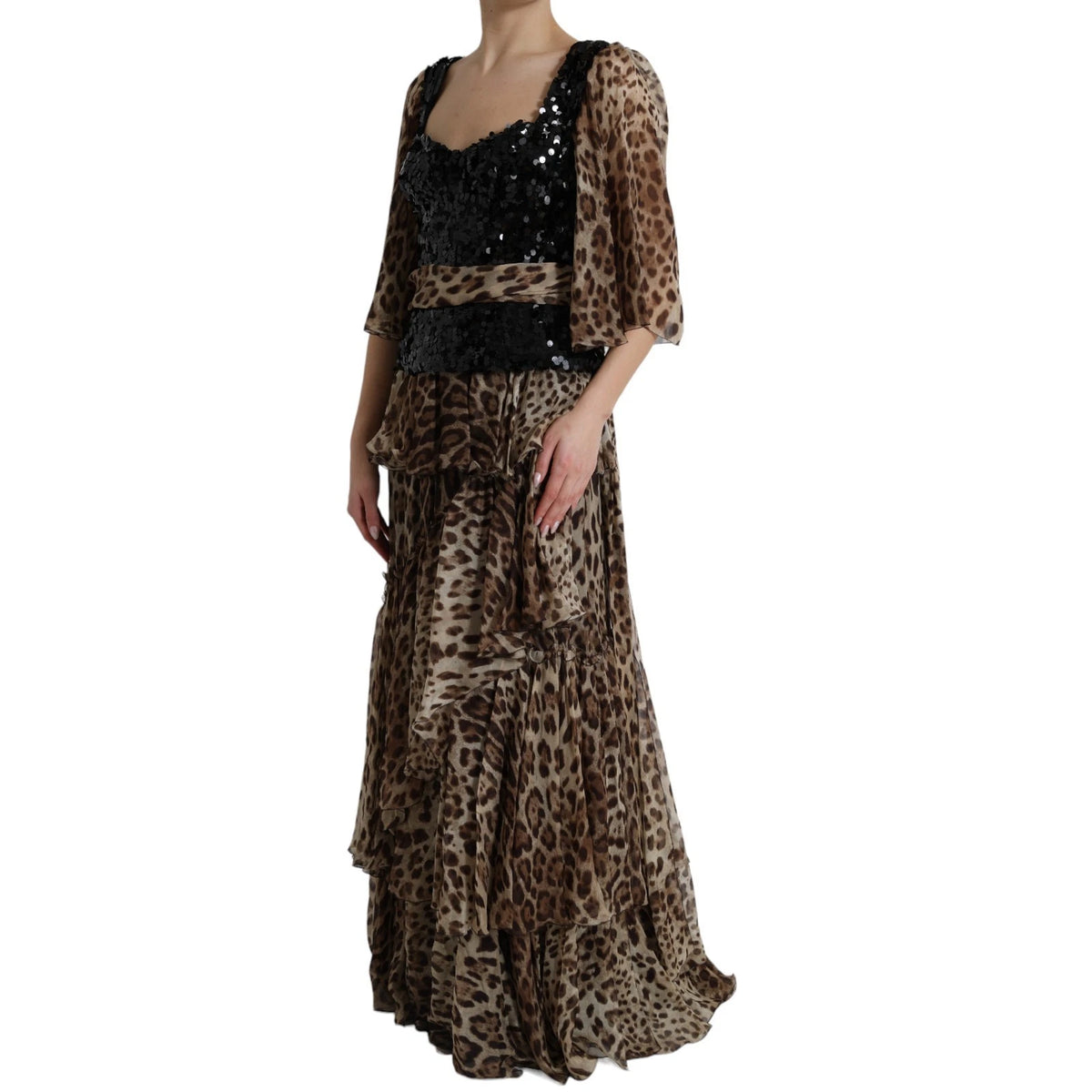 Dolce & Gabbana Women's Gown Cocktail Short-Sleeve Cotton Nylon Silk & Sequins Maxi Long Dress - Black Brown Leopard Print Patterned Print
