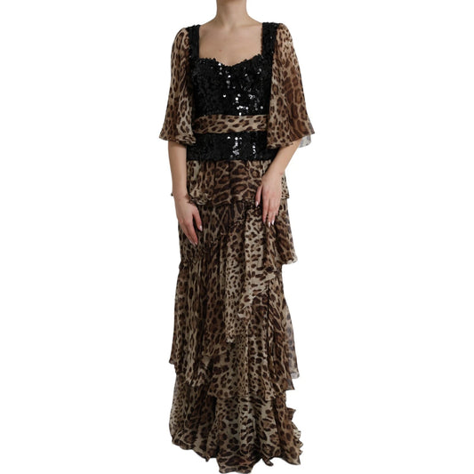 Dolce & Gabbana Women's Gown Cocktail Short-Sleeve Cotton Nylon Silk & Sequins Maxi Long Dress - Black Brown Leopard Print Patterned Print