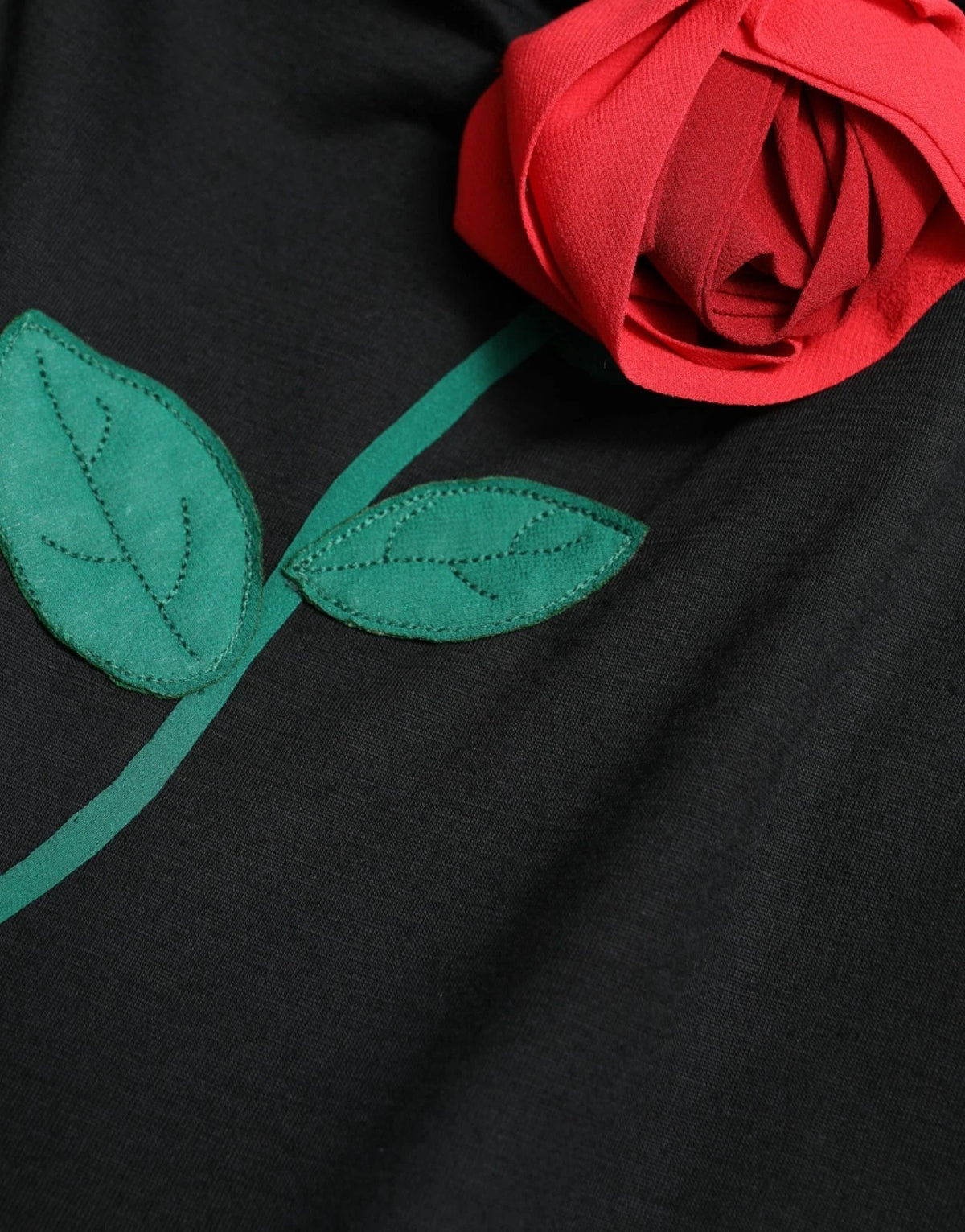 Dolce & Gabbana Women's Sheath Cocktail Sleeveless Wool Midi Dress - Black Red Rose Patterned