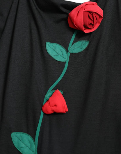 Dolce & Gabbana Women's Sheath Cocktail Sleeveless Wool Midi Dress - Black Red Rose Patterned