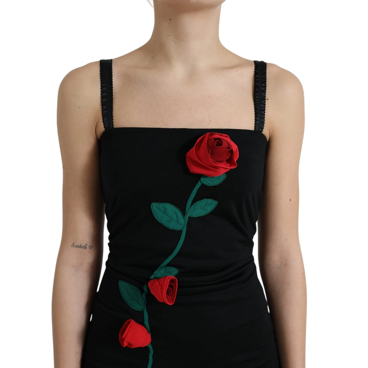 Dolce & Gabbana Women's Sheath Cocktail Sleeveless Wool Midi Dress - Black Red Rose Patterned