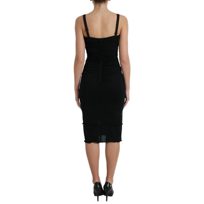 Dolce & Gabbana Women's Sheath Cocktail Sleeveless Wool Midi Dress - Black Red Rose Patterned