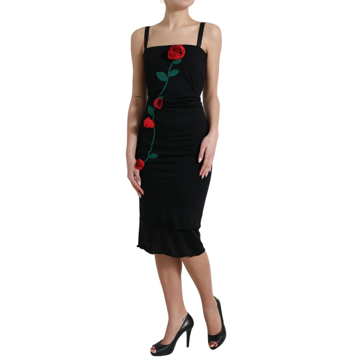 Dolce & Gabbana Women's Sheath Cocktail Sleeveless Wool Midi Dress - Black Red Rose Patterned