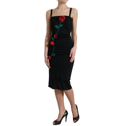 Dolce & Gabbana Women's Sheath Cocktail Sleeveless Wool Midi Dress - Black Red Rose Patterned